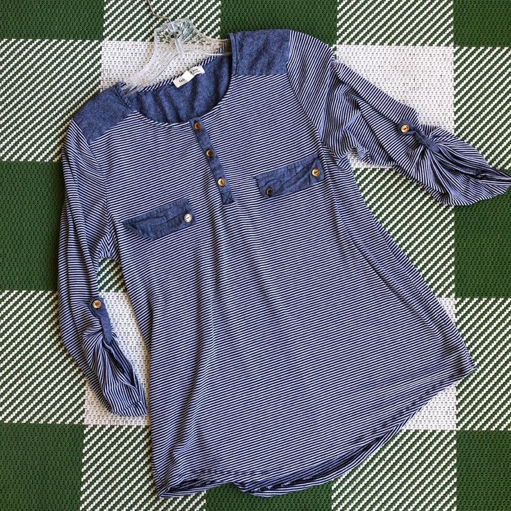 Faith and Joy button down top with roll up sleeves.